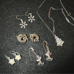 Vintage Pierced Silver Tone Winter/Holiday Themed Earrings and Necklace Lot